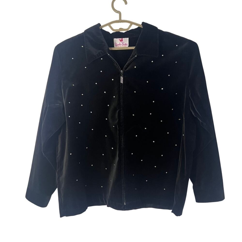 Quacker Factory Black Velour Rhinestone Jacket Plus Size ~XL Y2K Glam